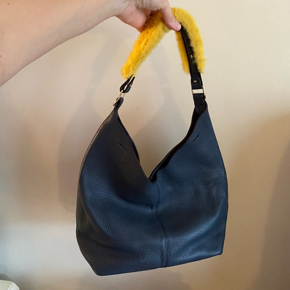 Blue/Grey Leather Hobo Style Shoulder Bag with Yellow Fur Handle
